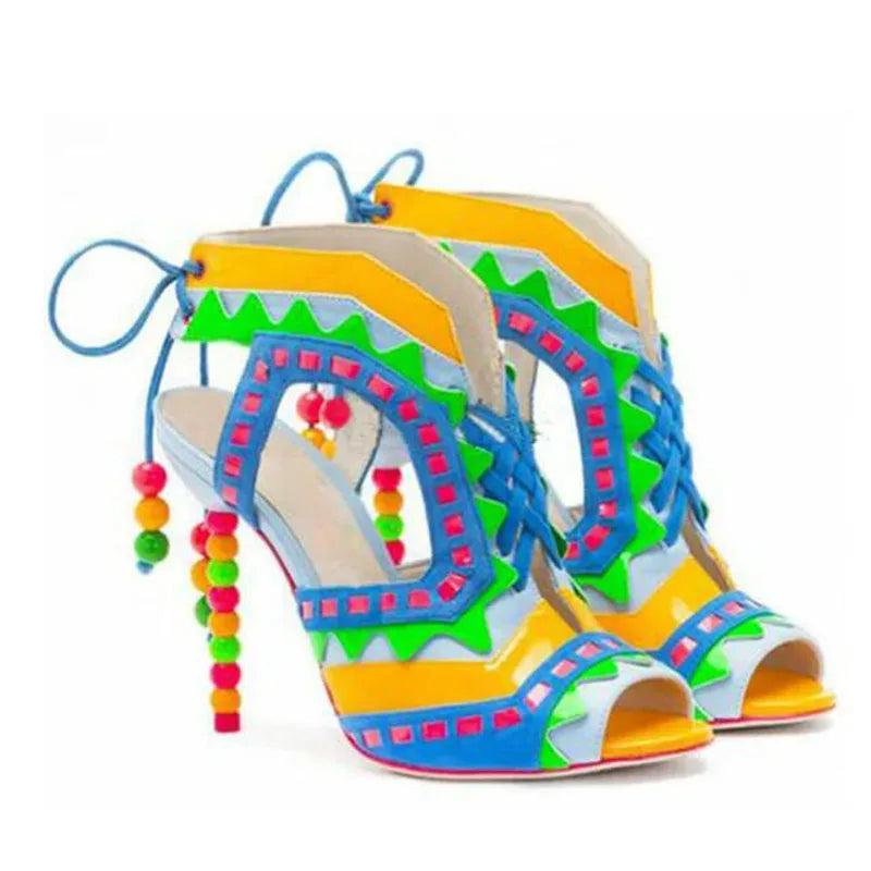 Women's Triangle Patchwork Beaded Lace-Up Sandal Boots