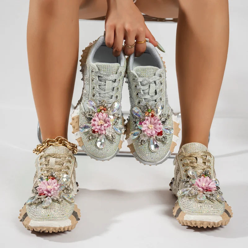 Women's Rhinestone Platform Sneakers Diamond Lace-Up Casual Skateboard Shoes
