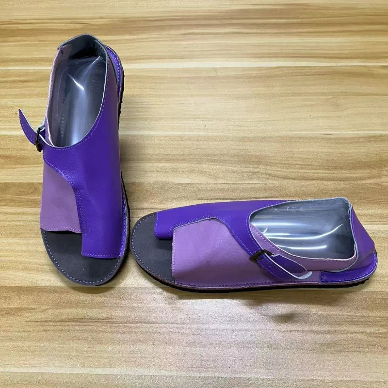 Women's Retro PU Leather Peep Toe Flat Sandals