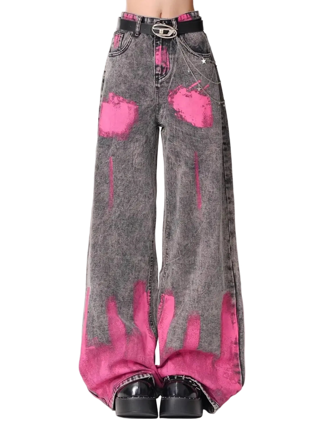 Graffiti Printed Wide Leg Jeans for Women High Waisted Gray