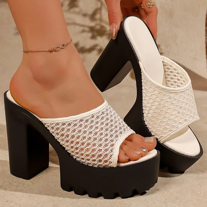 Breathable Mesh Platform Sandals Women's Summer High Heel Mules