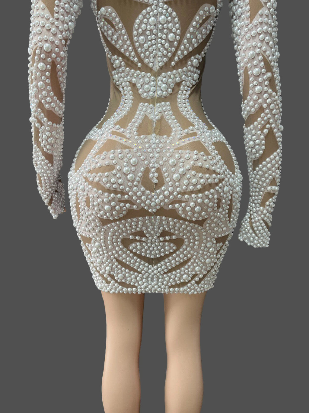 Women's Sexy Pearls Mesh Long Sleeve Bodycon Mini Dress