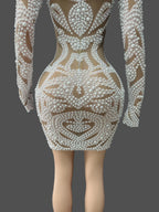 Women's Sexy Pearls Mesh Long Sleeve Bodycon Mini Dress