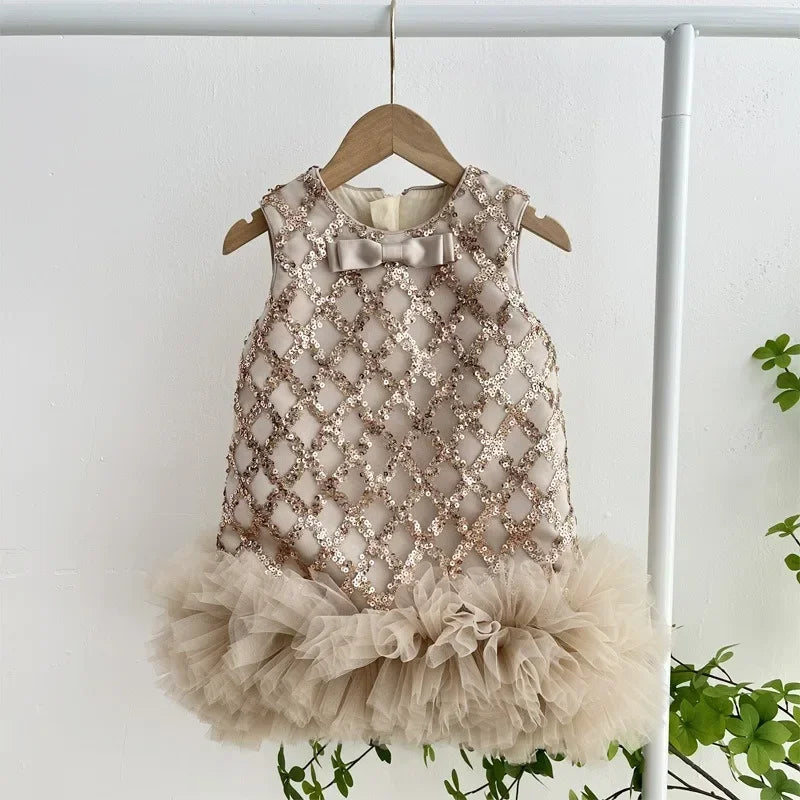 Girls' Sequined Mesh Tutu Dress Knit Sweater Two Piece Set H2327