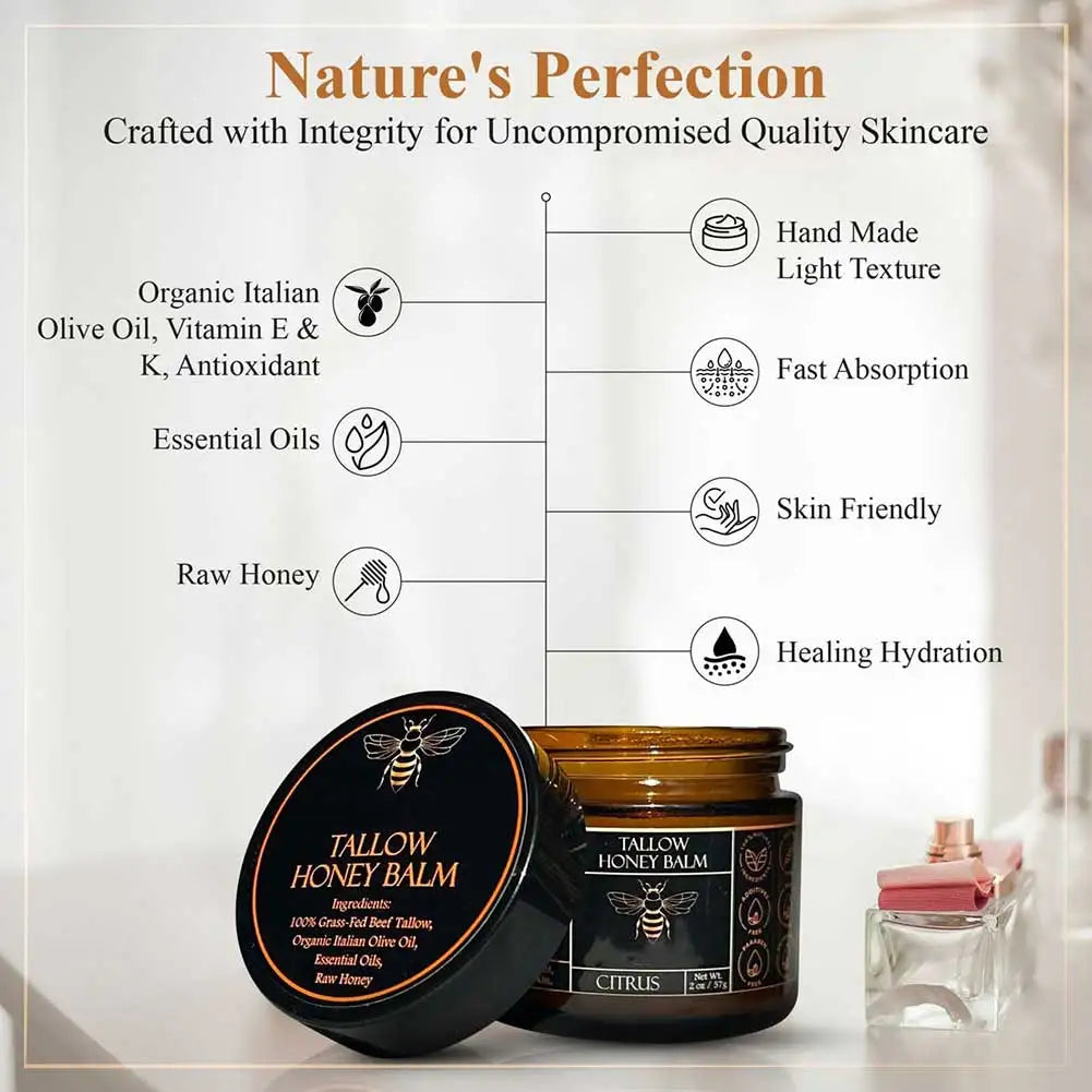Unisex Organic Grass-Fed Beef Tallow Honey Moisturizing Balm 2.0 oz
