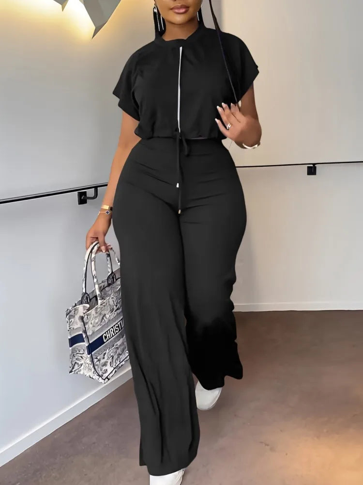 Women's Casual Short Sleeve Top and High Waist Pants Set
