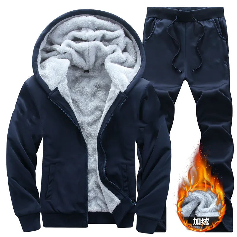 Men's Casual Plush Thickened Hoodie and Pants Two Piece Tracksuit Set