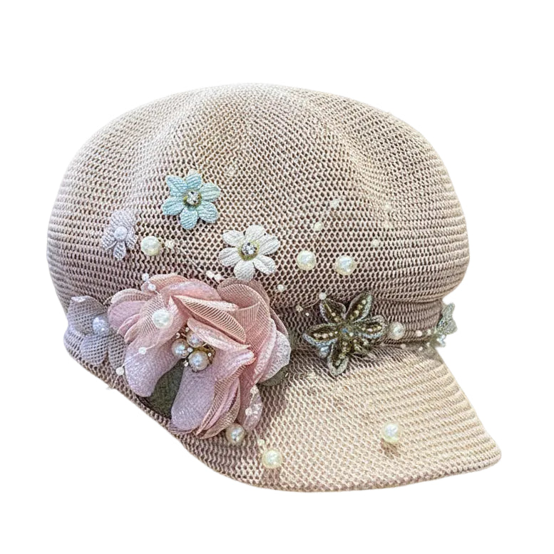 Women's Octagonal Hat with Pearl Flower Decoration