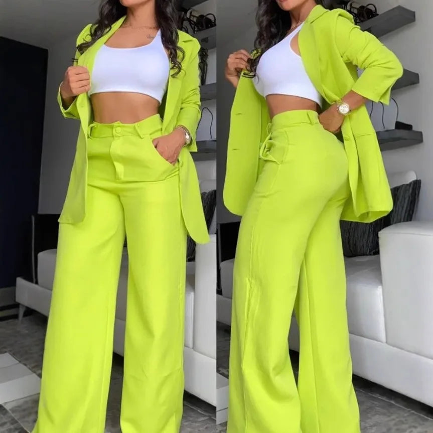 Women's Split Sleeve Blazer Straight Leg Pants Suit Set