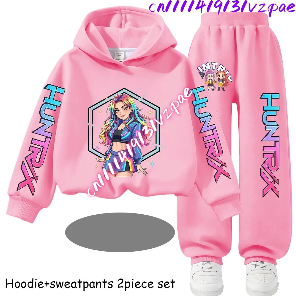 Girls' Print Hoodie Pants Two-Piece Set