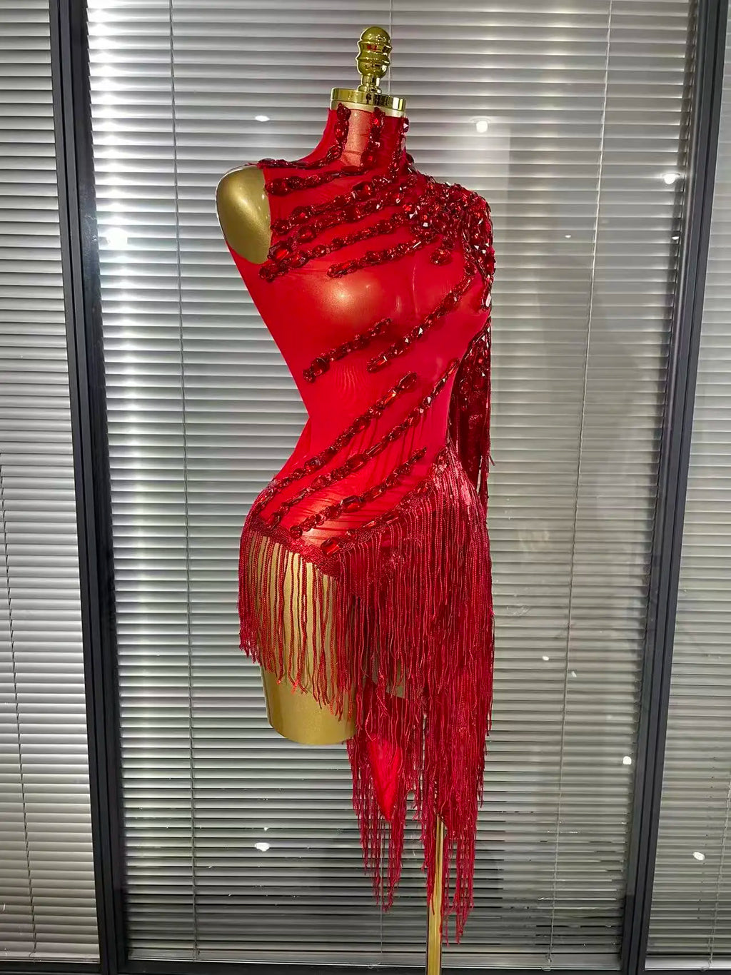 Women's Crystal Sequins Tassel One Shoulder Bodycon Midi Dress