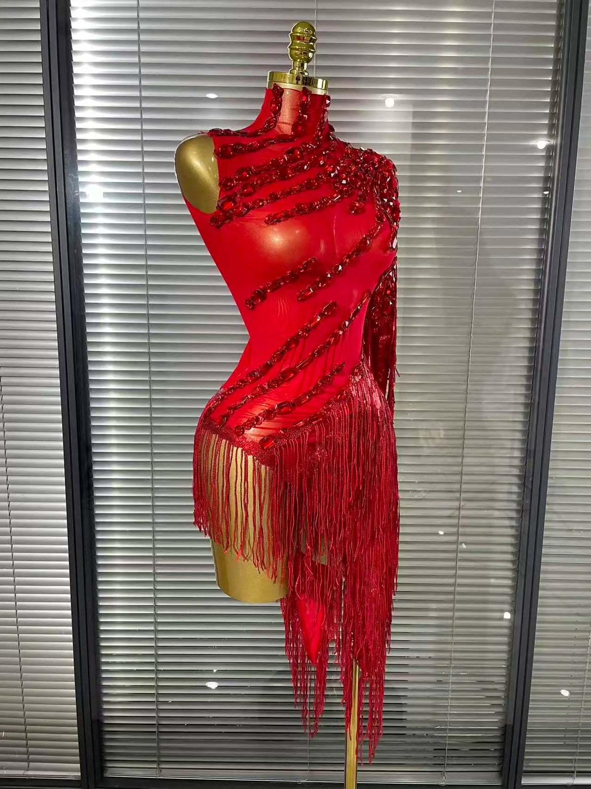 Women's Crystal Sequins Tassel One Shoulder Bodycon Midi Dress