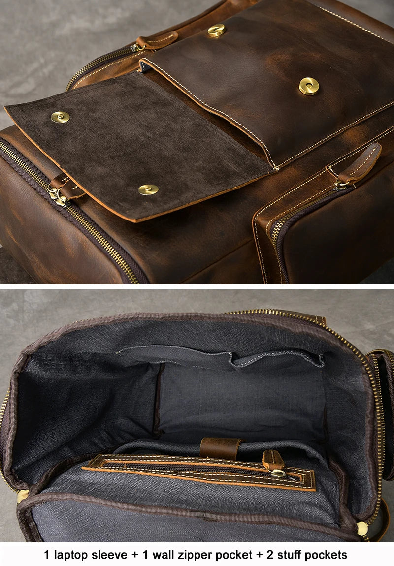 Men's Fashion Genuine Leather Large Capacity Hiking Travel Backpack