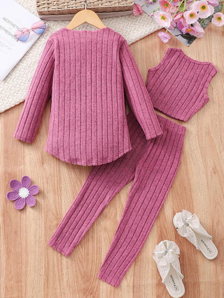 Girls' Knitted Long Sleeve Coat Long Pants Three-Piece Set T4855OBMDD