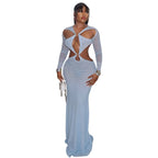 Women's Sexy Hollow Out Backless Gauze Long Sleeve Maxi Dress