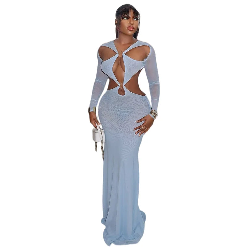 Women's Sexy Hollow Out Backless Gauze Long Sleeve Maxi Dress