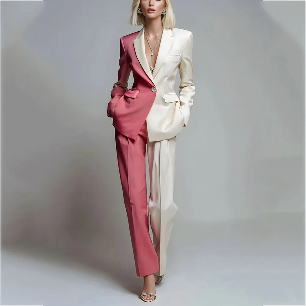 Women's Peaked Lapel Contrast Color Blazer Pants Suit