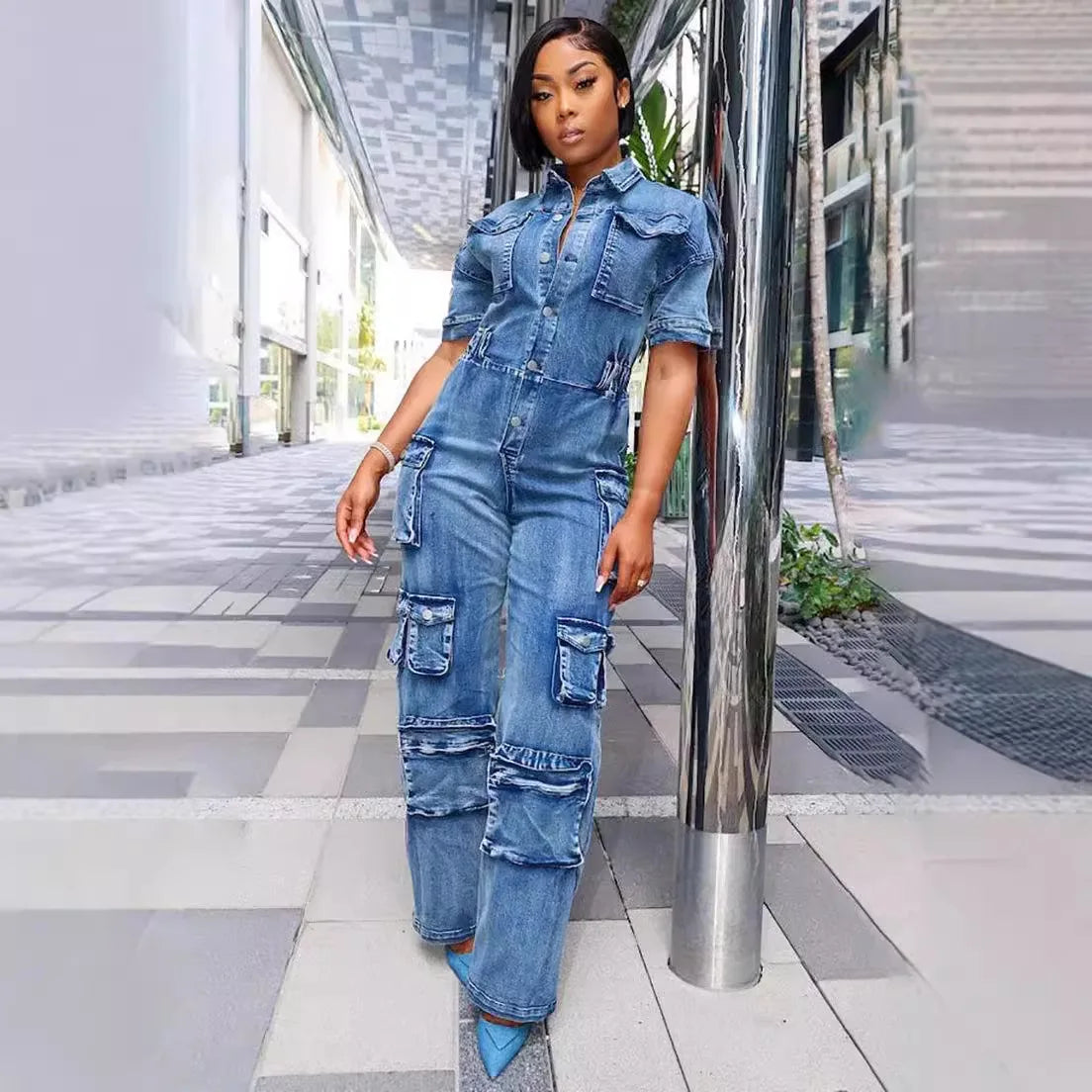 Women's Short Sleeve Denim Cargo Jumpsuit
