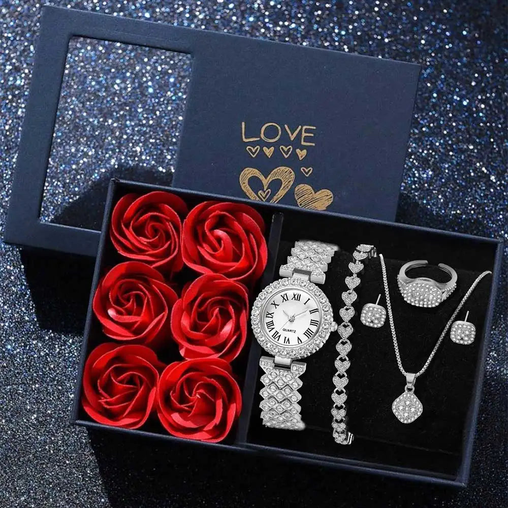 Roman Numeral Quartz Watch and Jewelry 6 Piece Set