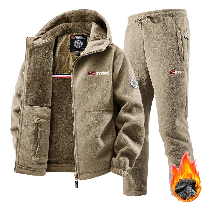Men's Casual Retro Fleece Jacket and Pants Two Piece Tracksuit Set