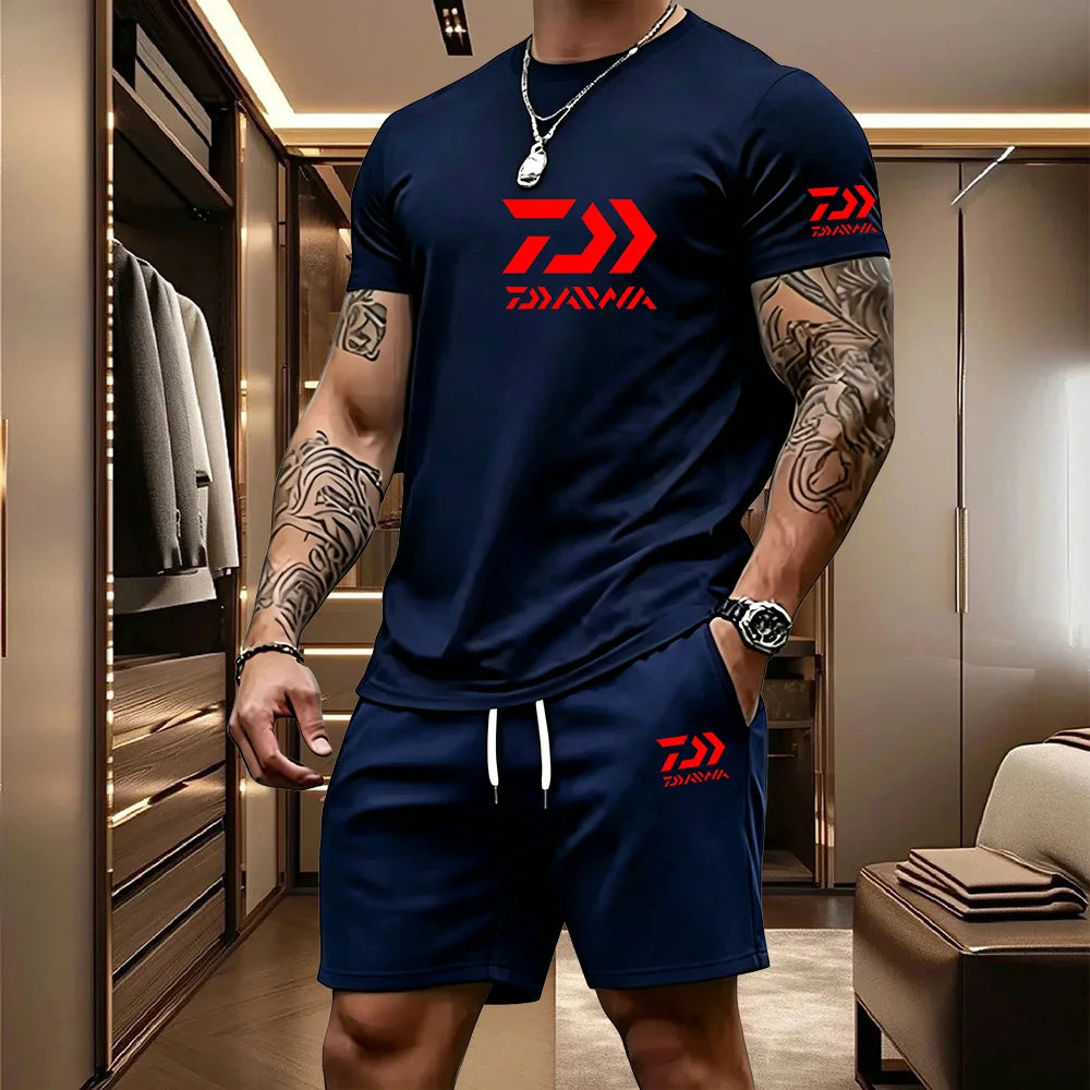 Men's Casual Round Neck T-Shirt and Drawstring Shorts Set