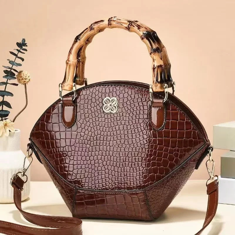 Women's Retro Stone Pattern Patent Leather Shoulder Handbag