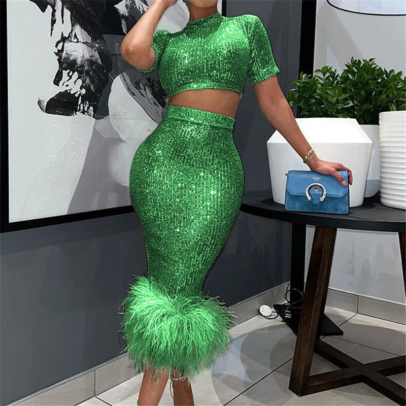 Women's Sequins Glitter Feather Crop Top and Skirt Two Piece Set