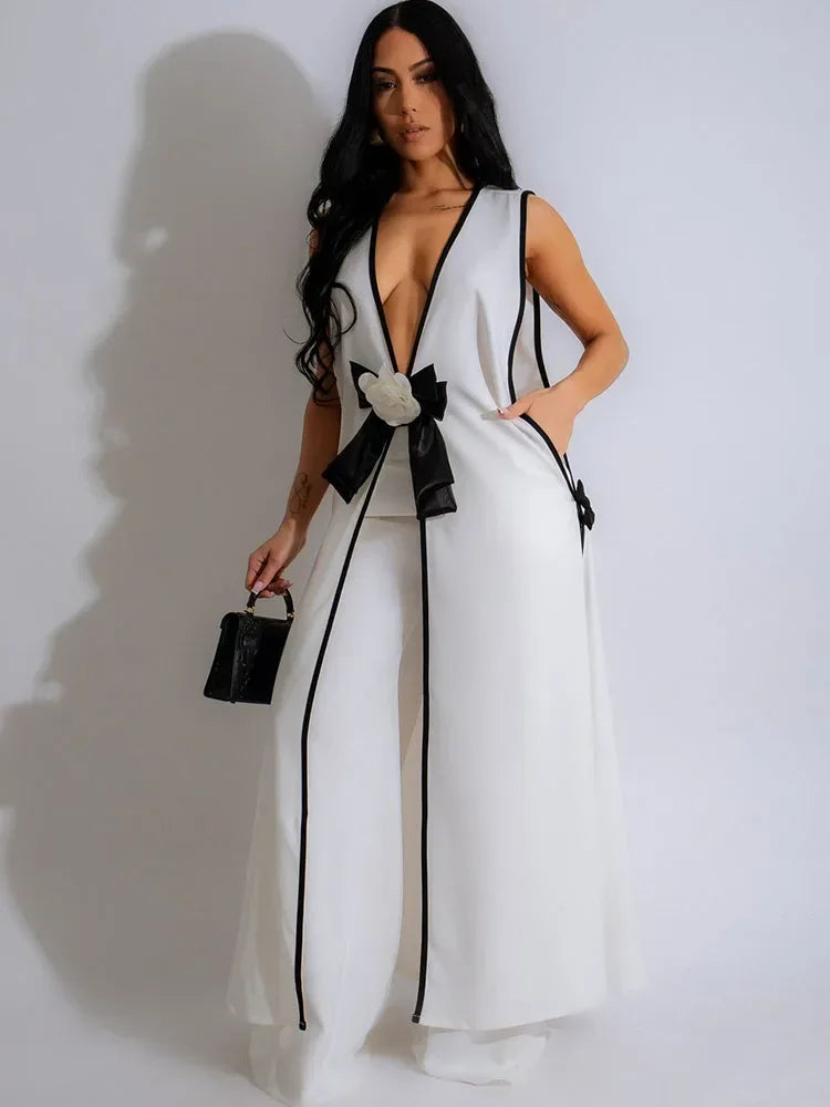 Women's Bow Applique Sleeveless Top Wide Leg Pants Set