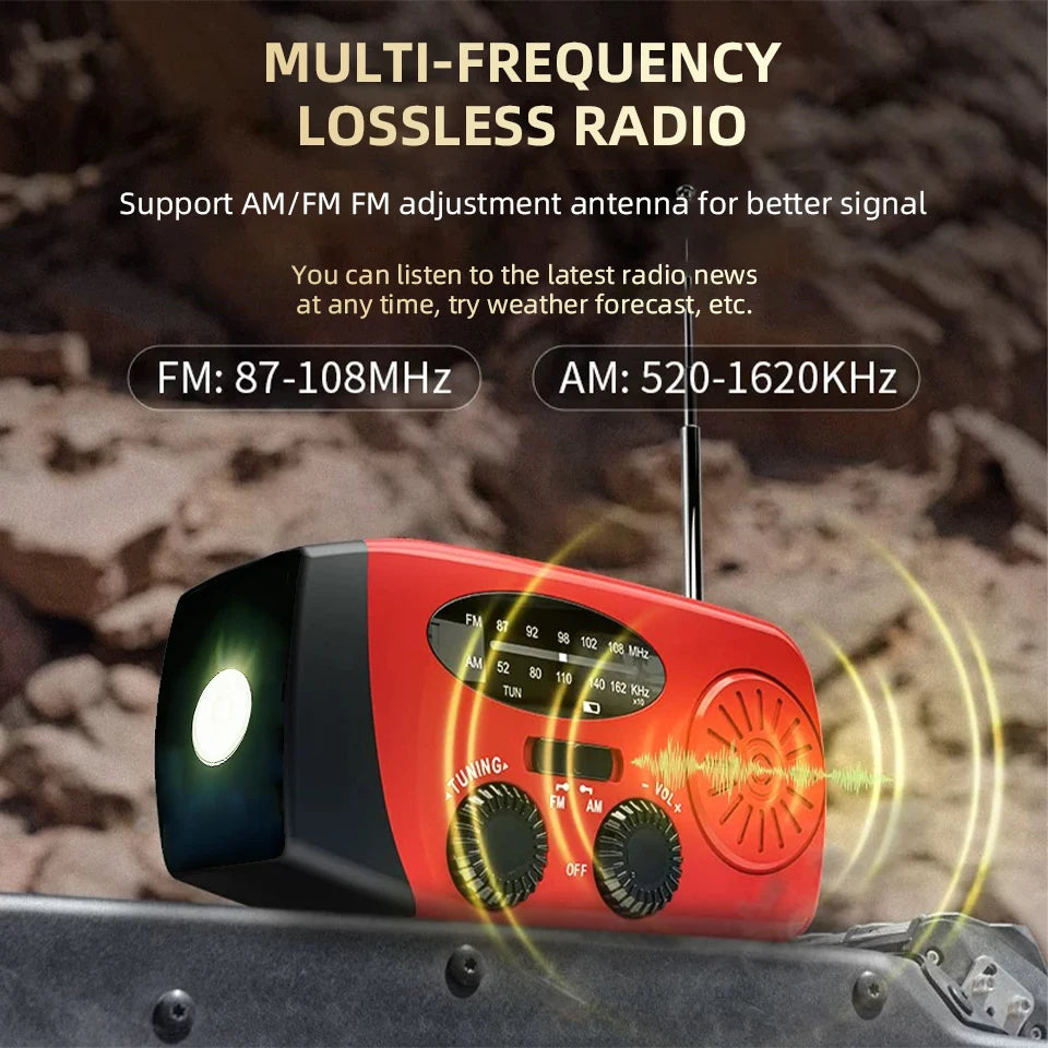 Emergency Solar Hand-Crank Radio with Flashlight and Power Bank
