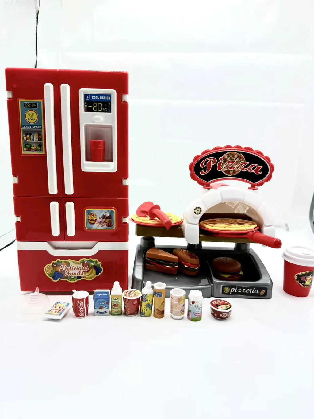 Kids' Pretend Play Kitchen Set with Spray Vapor Mini Fridge and Fast Food
