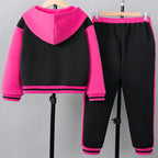 Girls' Color Block Hooded Jacket Pants Two-Piece Set WAL4094