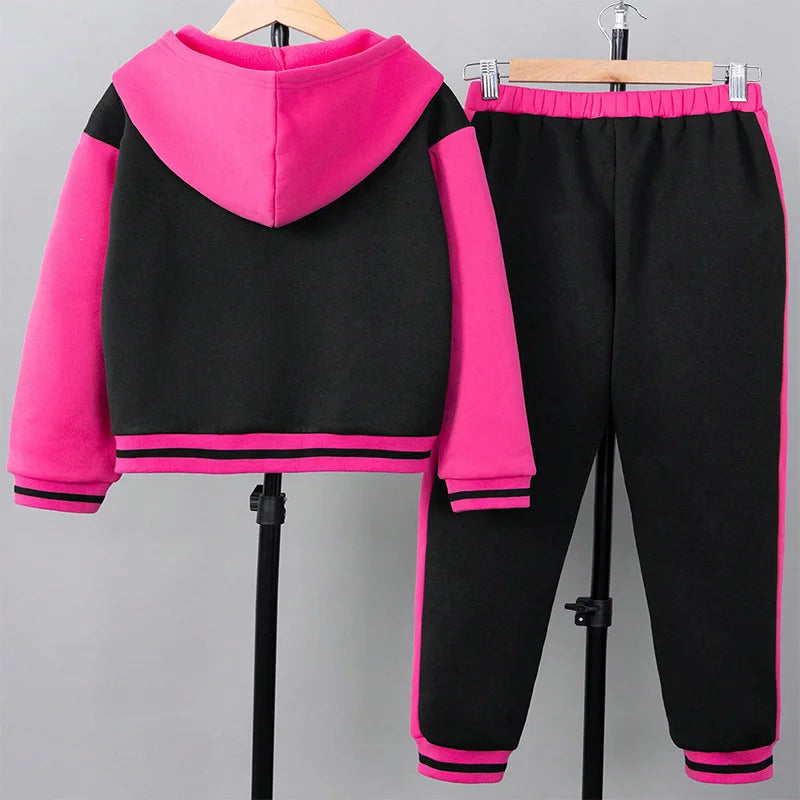 Girls' Color Block Hooded Jacket Pants Two-Piece Set WAL4094