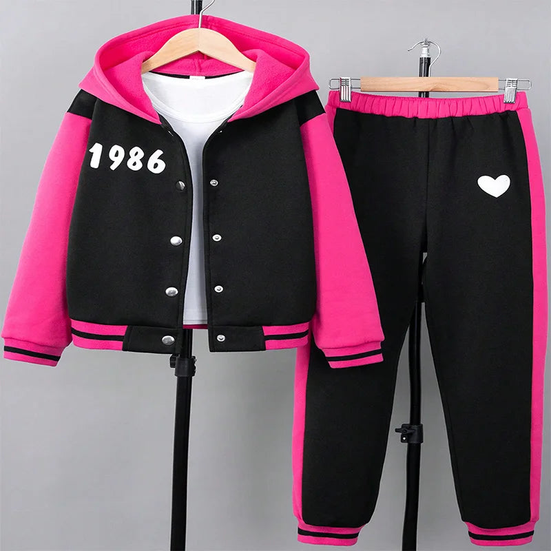 Girls' Color Block Hooded Jacket Pants Two-Piece Set WAL4094