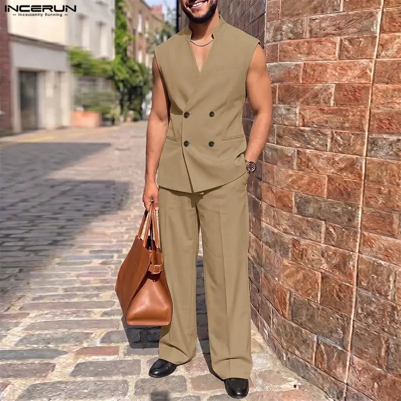 Men's Solid V-Neck Sleeveless Vest Pants Set