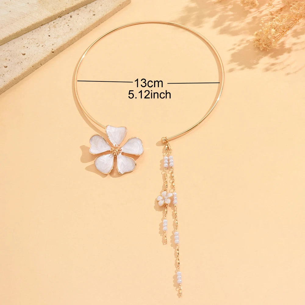 Women's Fashion Bohemian Enamel Flower Pearl Tassel Open Choker Necklace