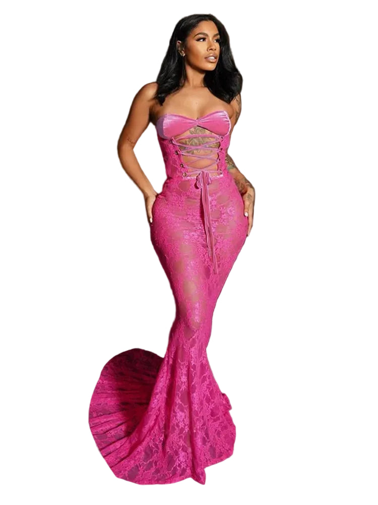 Women's Sexy Mesh Patchwork Strapless Ruched Maxi Dress