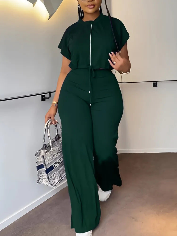 Women's Casual Short Sleeve Top and High Waist Pants Set