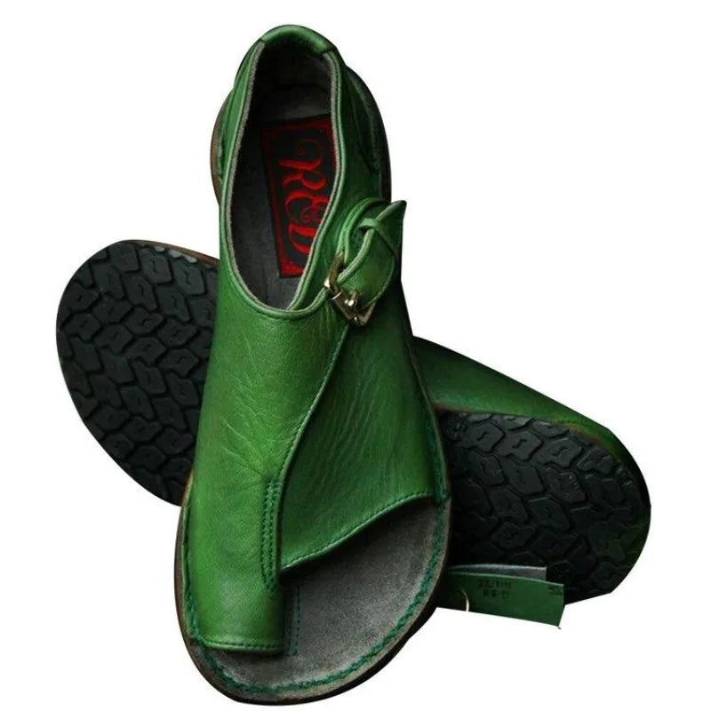 Women's Retro PU Leather Peep Toe Flat Sandals