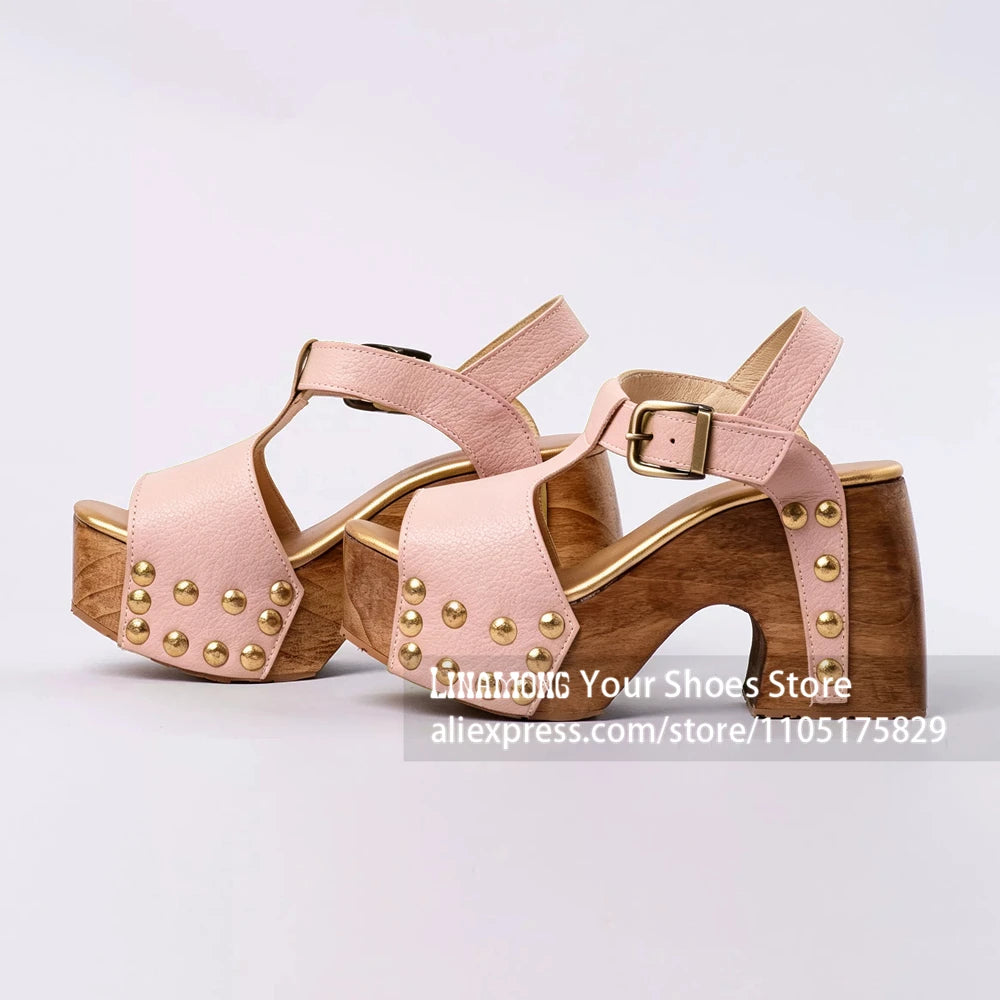 Women's Studded Wooden Block Heel Platform Sandals