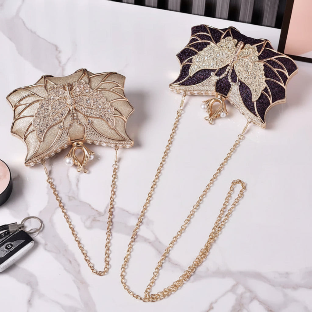 Hollow Butterfly Evening Clutch Bag with Sequins and Diamonds