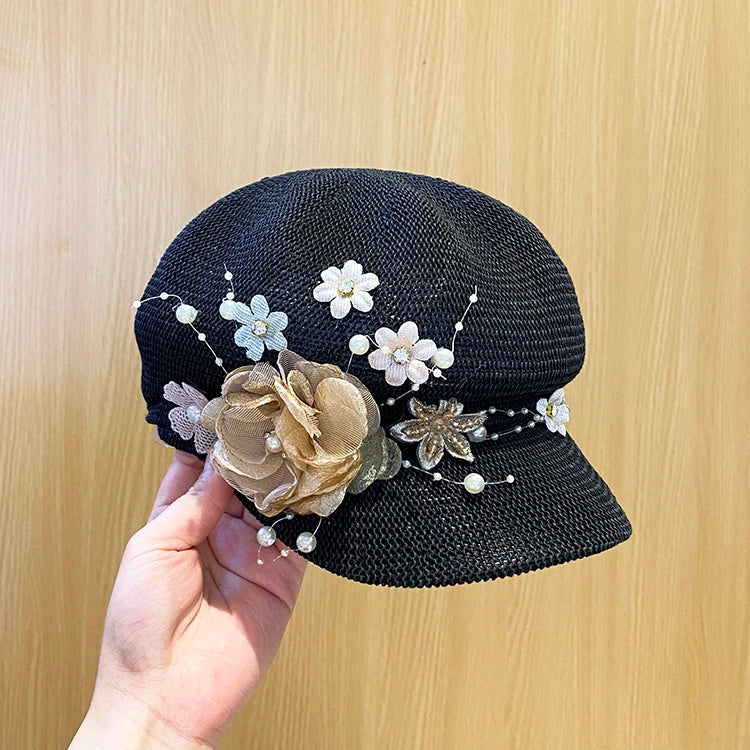 Women's Octagonal Hat with Pearl Flower Decoration
