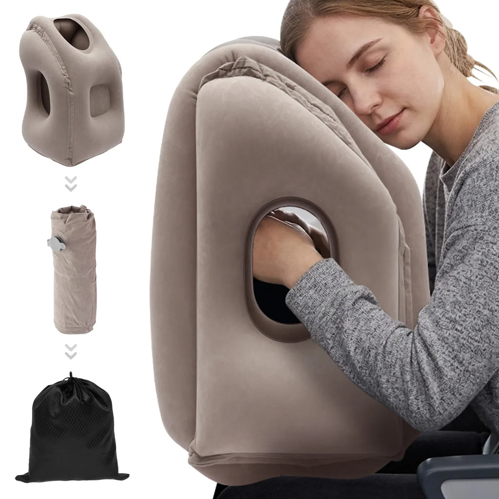 Inflatable Ergonomic Travel Neck Pillow with Storage Bag Grey