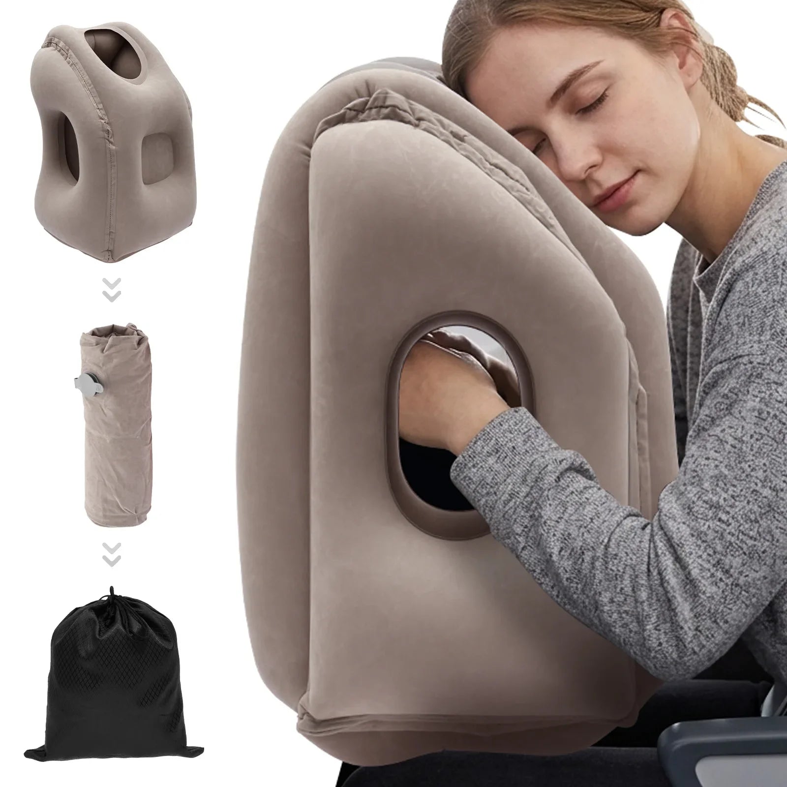 Inflatable Ergonomic Travel Neck Pillow with Storage Bag Grey