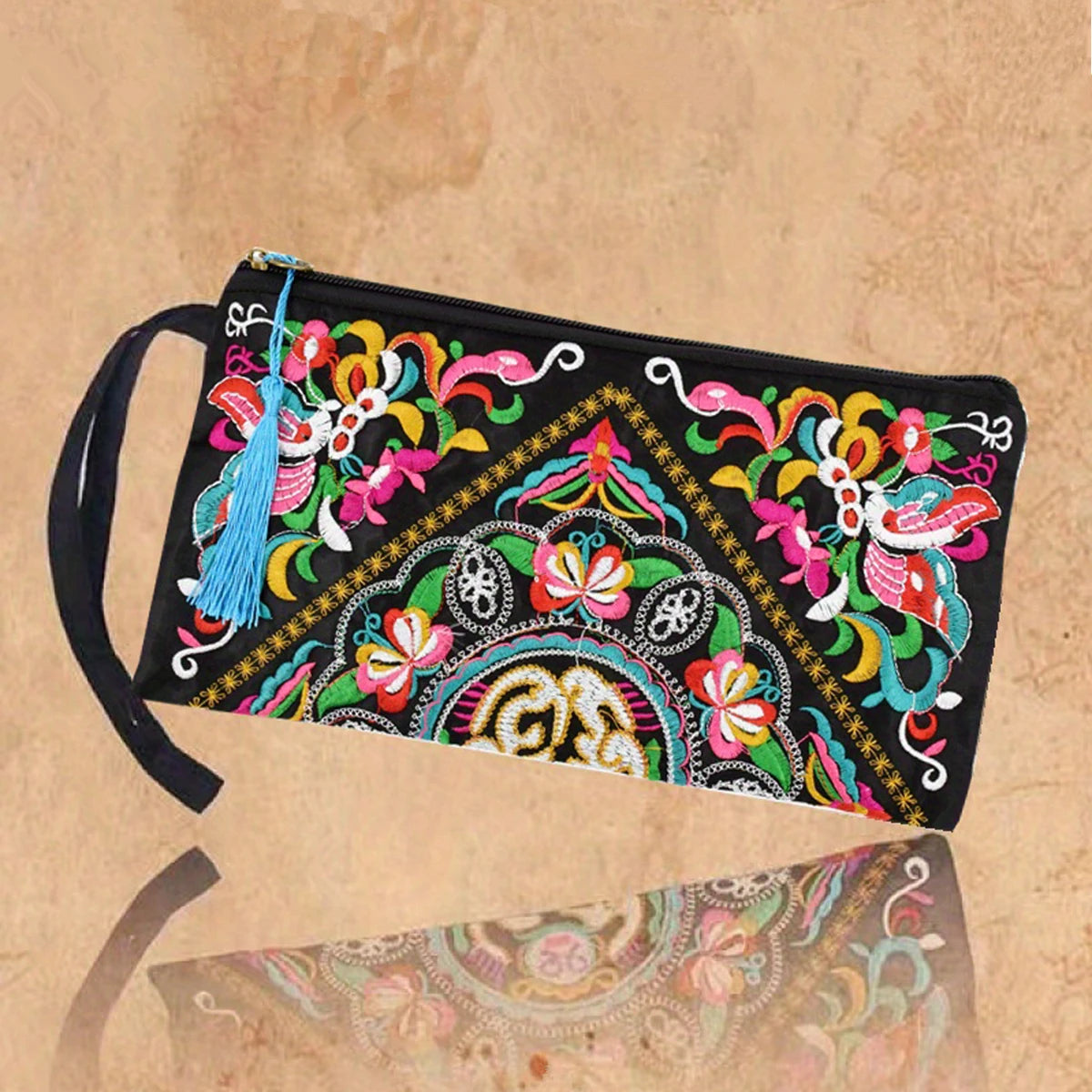 Vintage Embroidered Ethnic Style Long Wallet Wristlet Clutch Bag