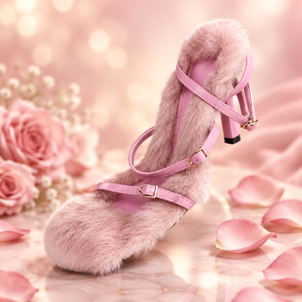 Women's Plush Fur Fuzzy Sandals Thin Heel Square Toe Ankle Lace-Up Buckle Strap Slides