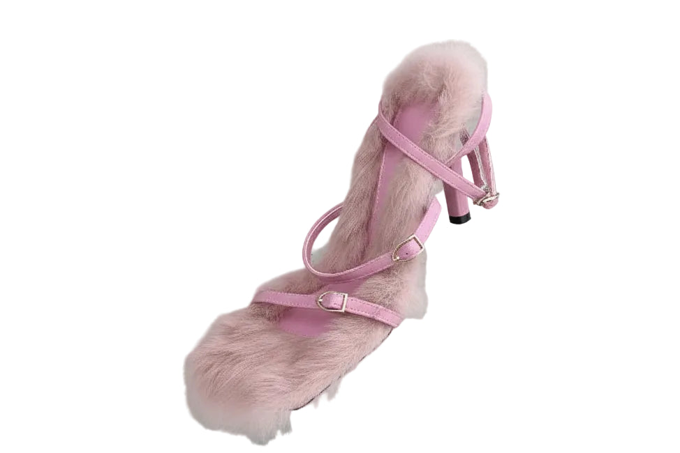 Women's Plush Fur Fuzzy Sandals Thin Heel Square Toe Ankle Lace-Up Buckle Strap Slides