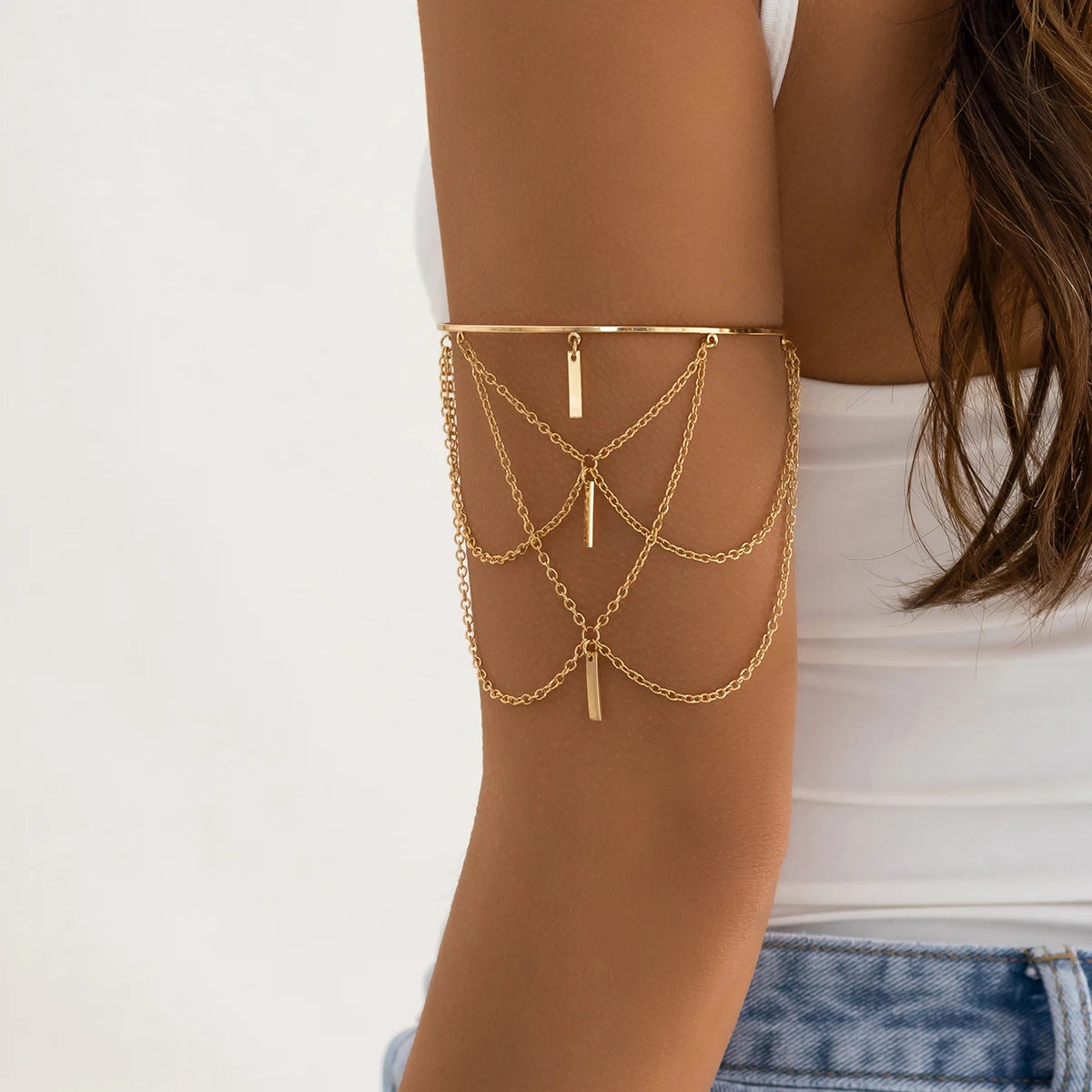 Women's Fashion Open Upper Arm Cuff Bracelet Rectangle Tassel Bangle