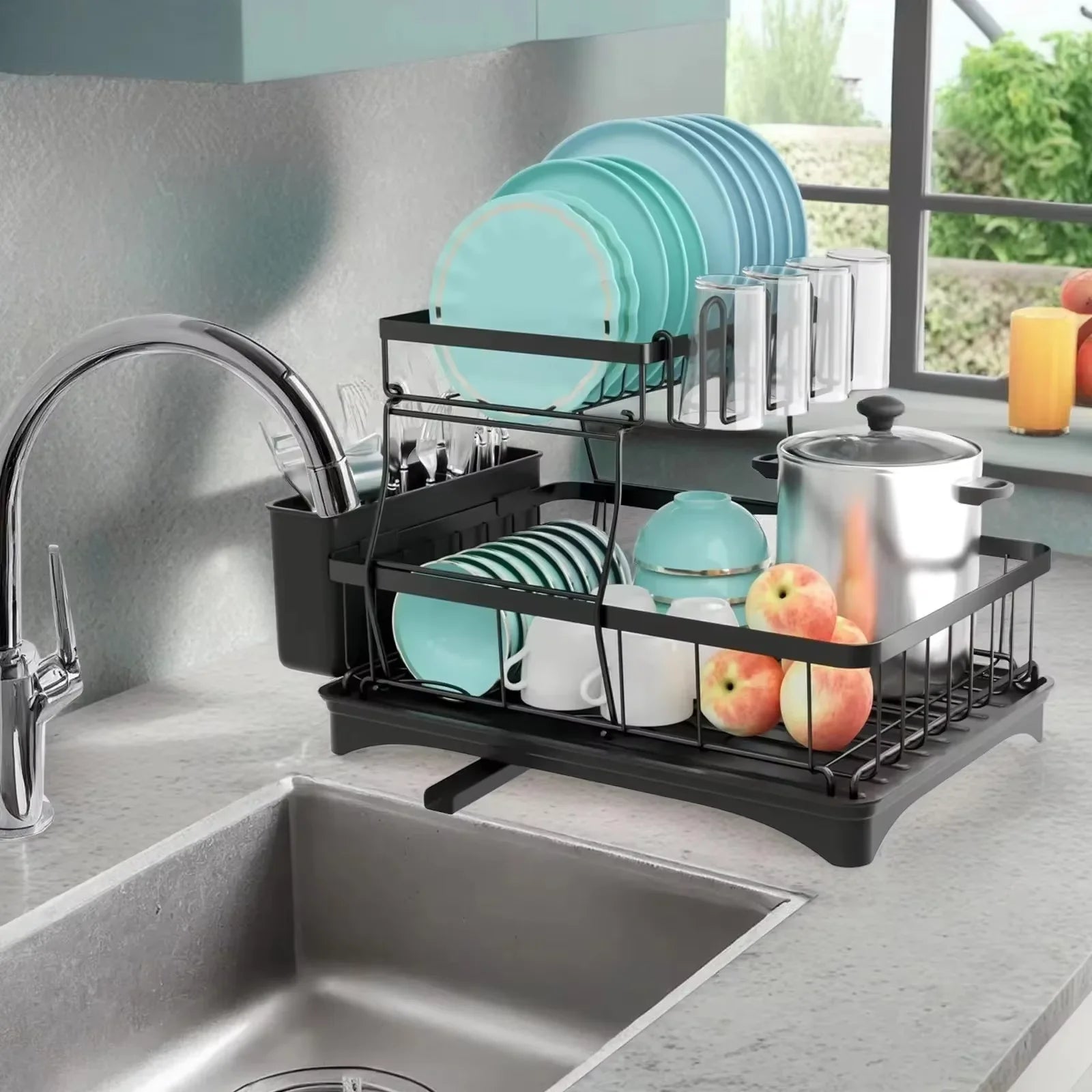 2-Tier Kitchen Dish Drying Rack with Swivel Spout Drip Tray