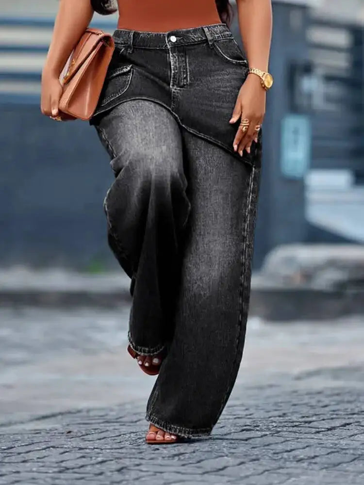 Women's Loose Fitting Fake Two Piece Wide Leg Denim Jeans Pants