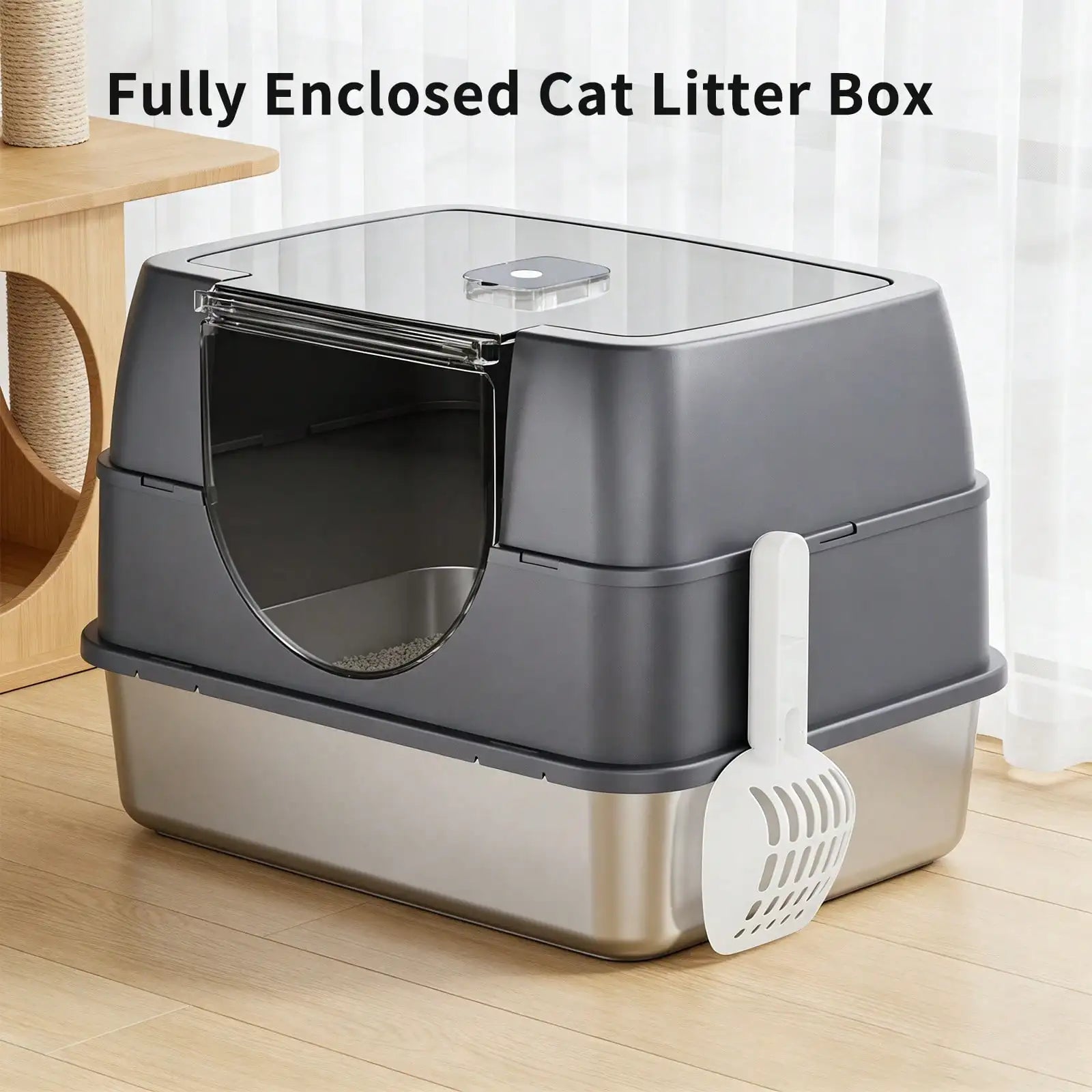 Stainless Steel Enclosed Cat Litter Box with Lid and Splash-Proof Sides